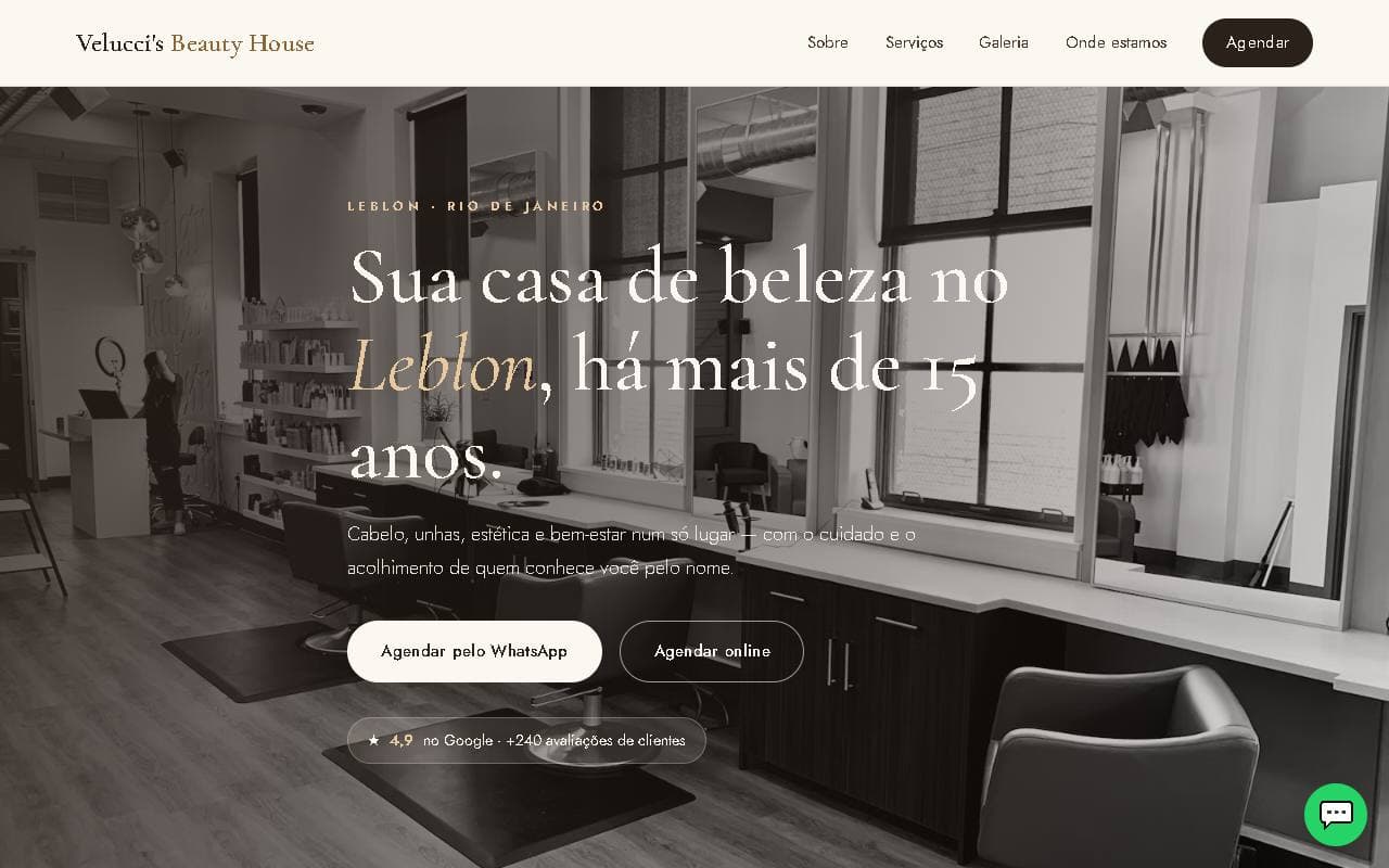 Página inicial do site Velucci's Beauty House
